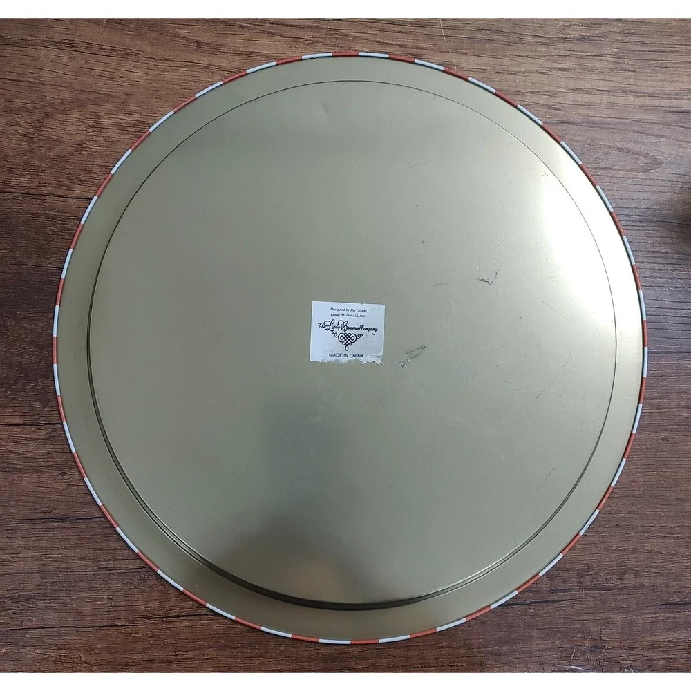 Vintage Metal Christmas Round Serving Plate Snowman Peppermint Stripes Candy B7